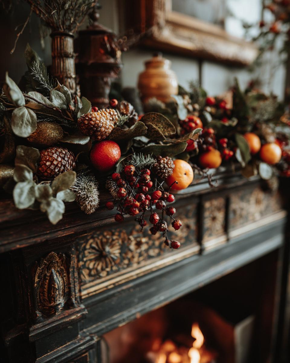 Close-up of a festive Christmas mantel styling inspiration featuring pinecones, red berries, and oranges.