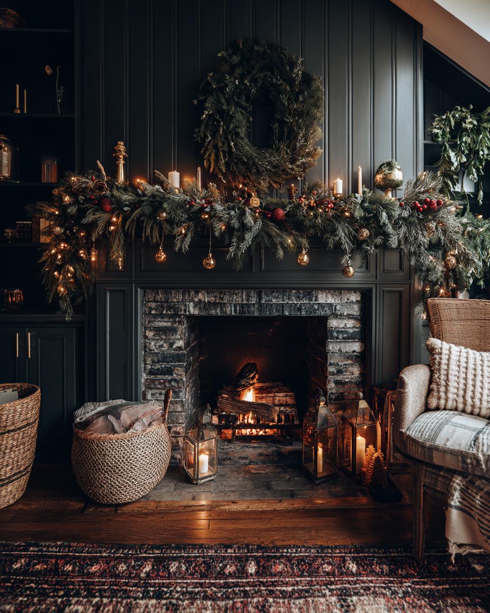 A warm and inviting Christmas mantel styling inspiration featuring a lush garland, wreath, and glowing fireplace.