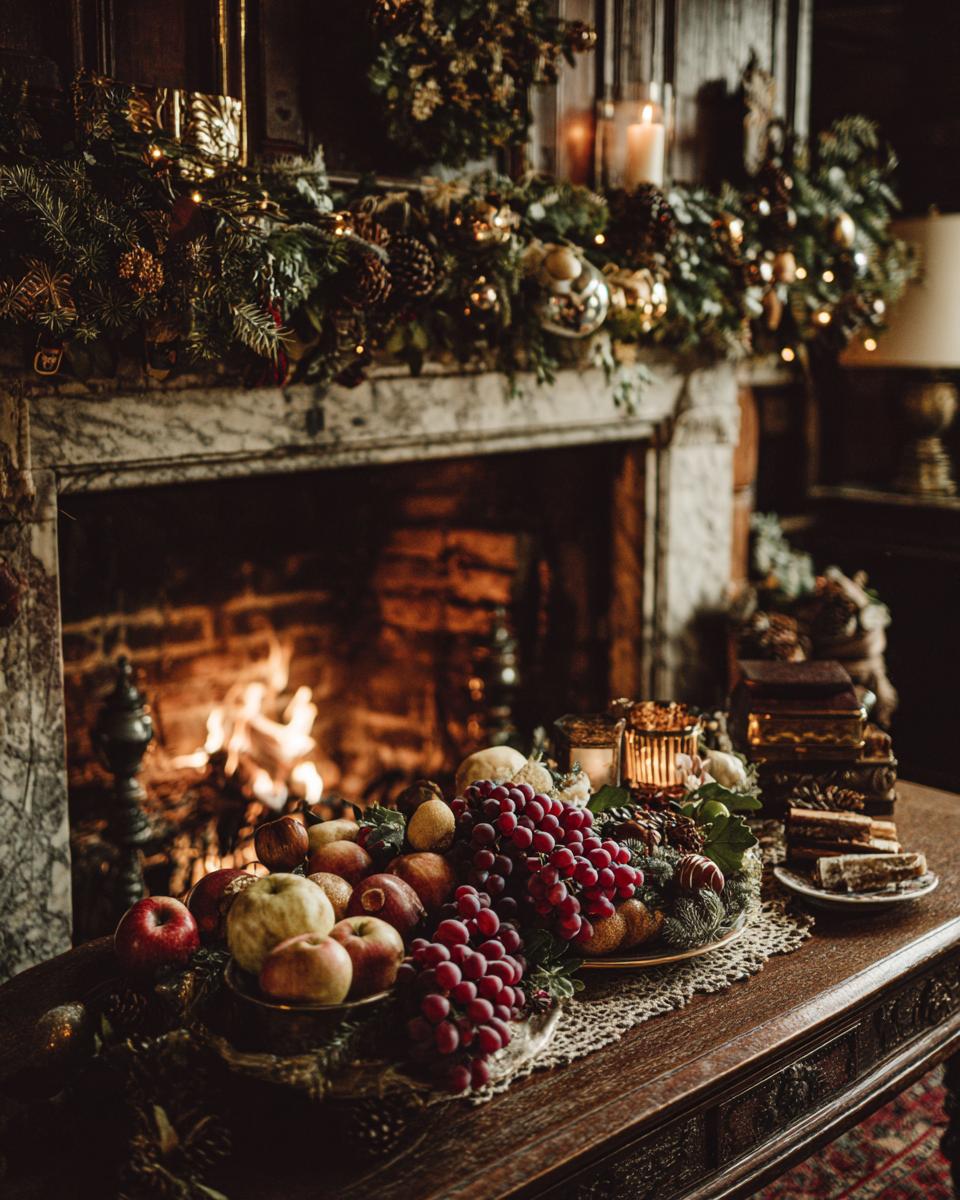 A cozy Christmas mantel styling inspiration featuring a roaring fireplace, lush greenery, and a fruit display.