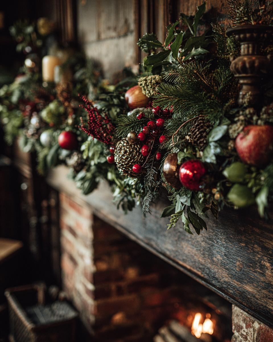A lush Christmas mantel styling inspiration featuring a garland with pine cones, red berries, apples, and ornaments.