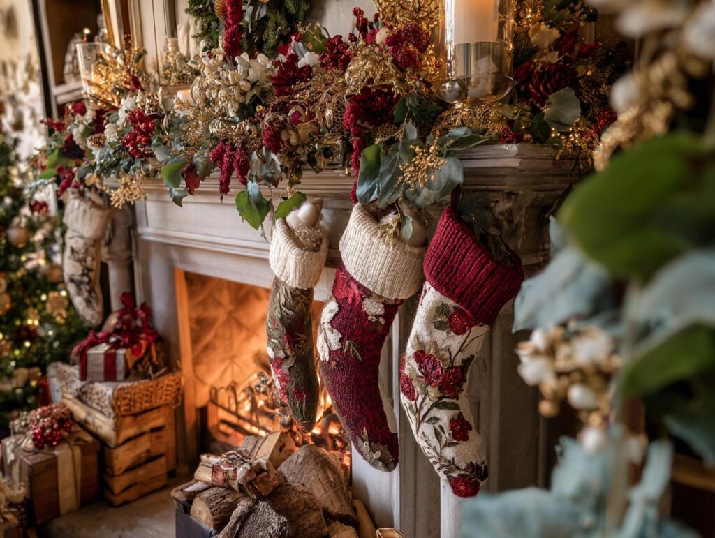 Cozy Christmas mantel styling inspiration featuring festive stockings hanging above a fireplace with holiday decorations.