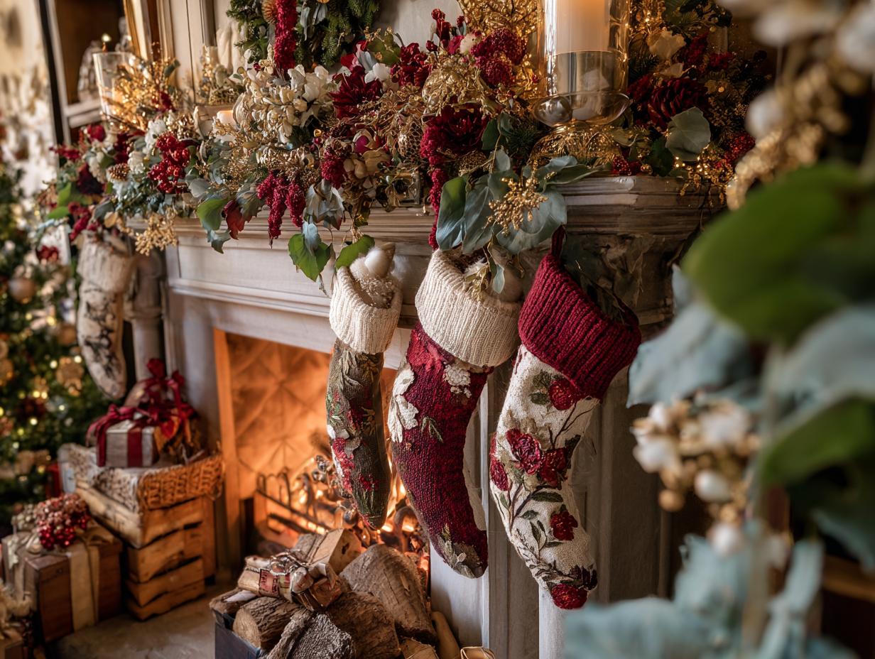 Cozy Christmas mantel styling inspiration featuring festive stockings hanging above a fireplace with holiday decorations.