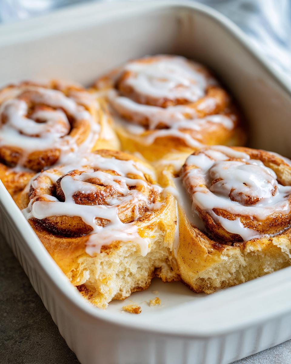 Close-up of freshly baked Christmas Morning Cinnamon Rolls drizzled with white icing in a white baking dish.