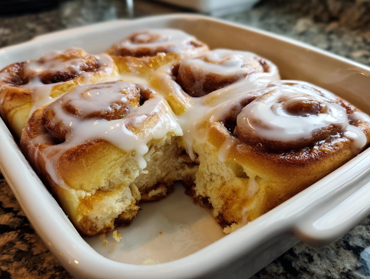 A close-up of freshly baked Christmas Morning Cinnamon Rolls, drizzled with white glaze, in a white baking dish.