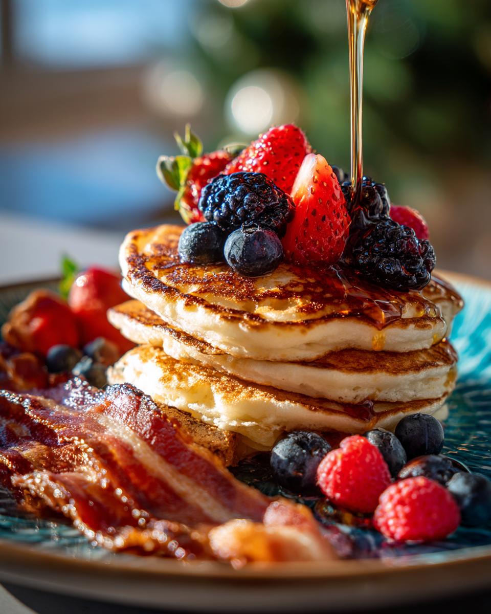 A stack of fluffy pancakes topped with fresh strawberries, blueberries, and blackberries, with bacon on the side, as part of Christmas Morning Traditions.