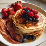 A stack of fluffy pancakes topped with fresh berries and syrup, served with crispy bacon and sliced strawberries.