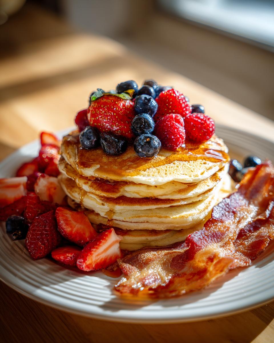 A stack of fluffy pancakes topped with fresh strawberries, blueberries, and raspberries, served with crispy bacon and sliced strawberries.