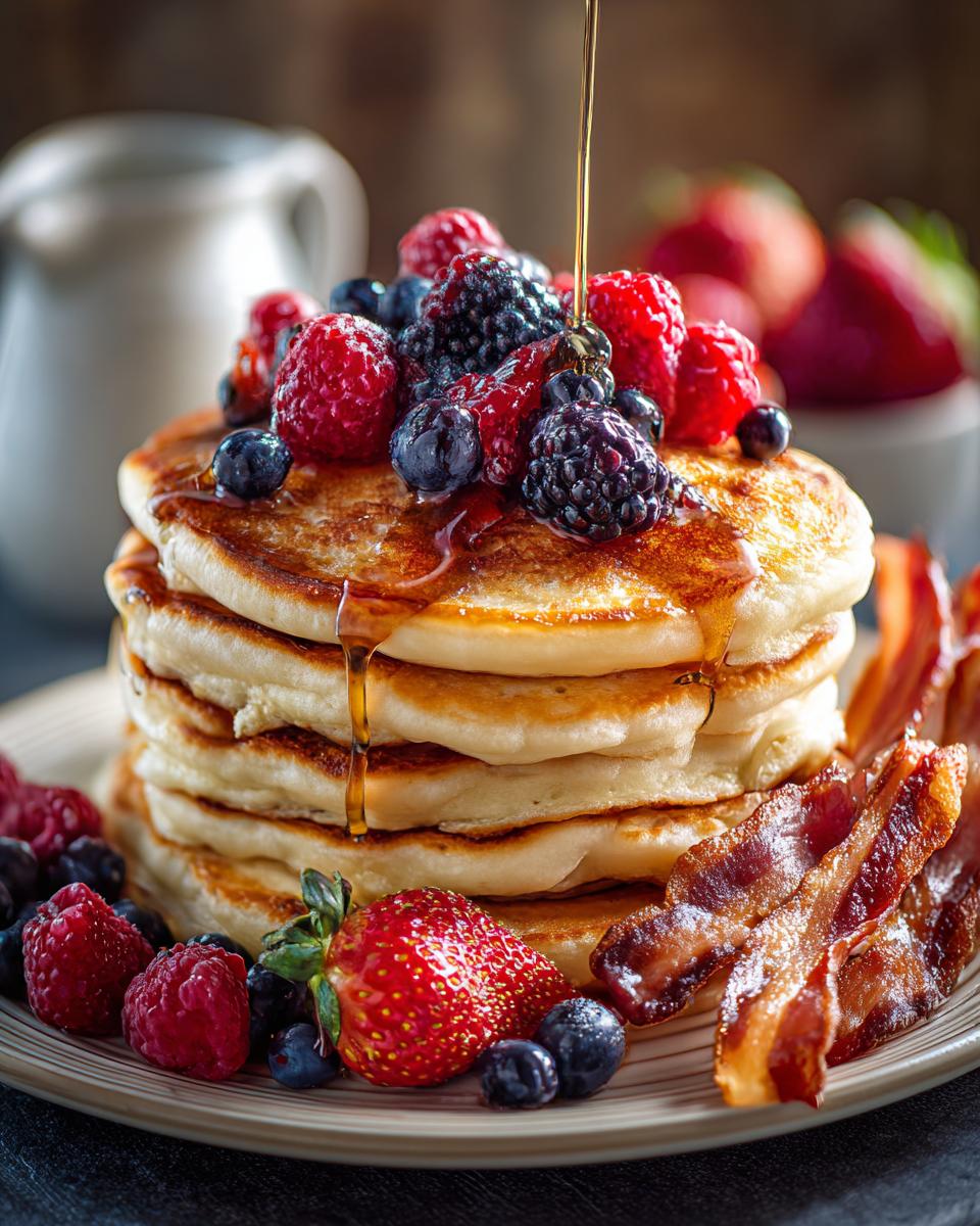 A stack of fluffy pancakes topped with mixed berries and drizzled with syrup, served with crispy bacon, a perfect Christmas morning tradition.