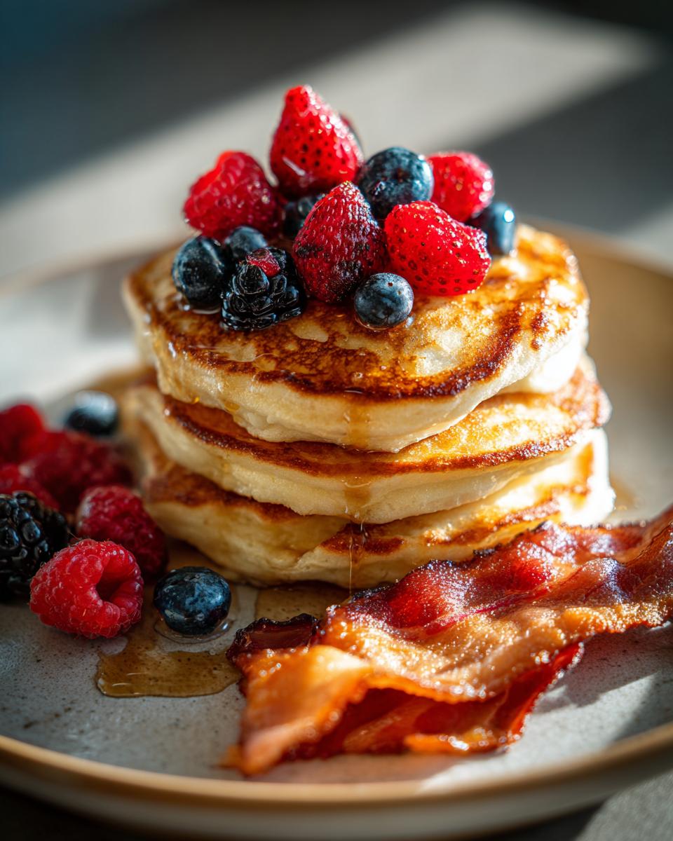 A stack of fluffy pancakes topped with fresh strawberries, blueberries, and raspberries, served with crispy bacon as part of Christmas Morning Traditions.