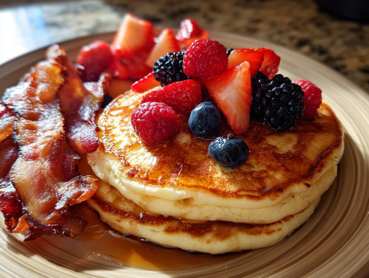 A stack of fluffy pancakes topped with fresh berries and a side of crispy bacon, perfect for Christmas morning traditions.