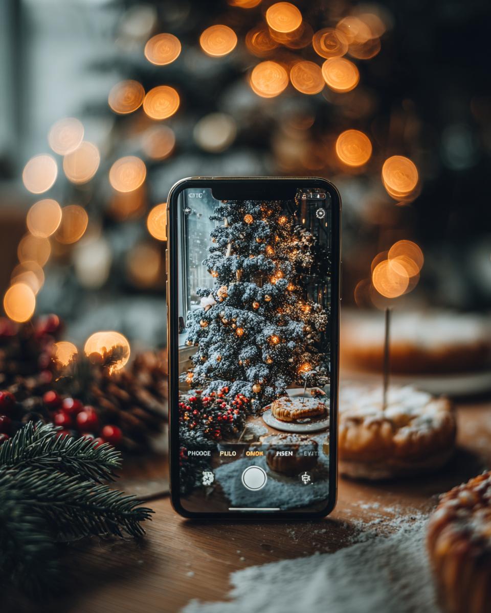 iPhone screen displaying a decorated Christmas tree and festive treats, set against a bokeh background of Christmas lights, part of a Stress-Free Christmas Planning Checklist.