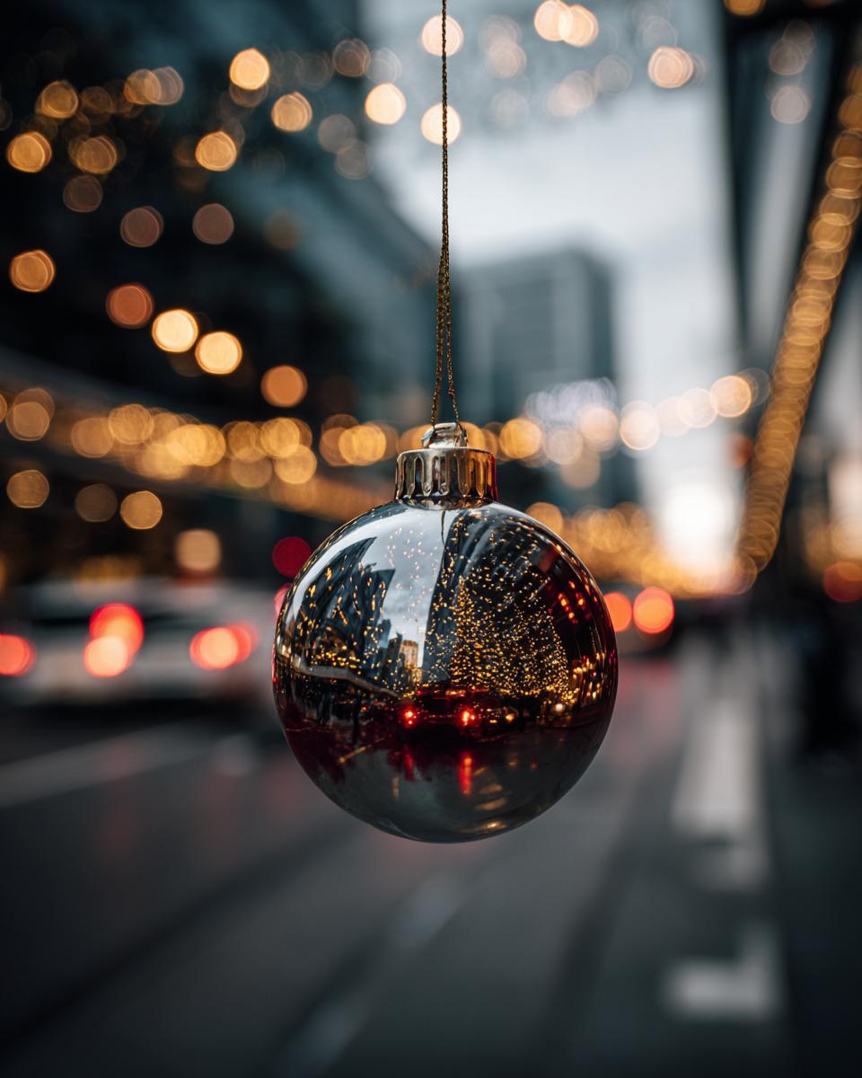 A reflective Christmas ornament hangs in front of blurred city lights, symbolizing the festive season and the Stress-Free Christmas Planning Checklist.