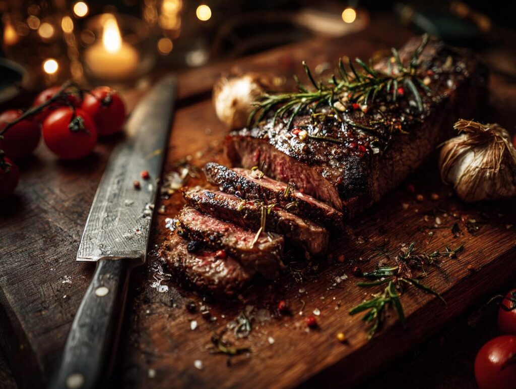 Close-up of a sliced, juicy roasted steak with rosemary and peppercorns, ready for a Christmas feast.