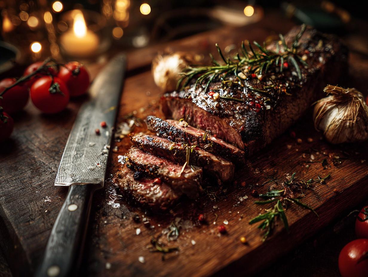 Close-up of a sliced, juicy roasted steak with rosemary and peppercorns, ready for a Christmas feast.