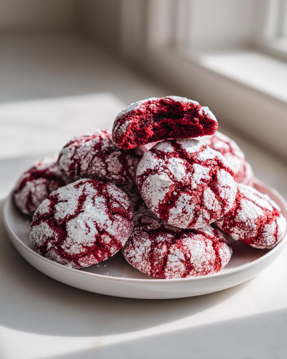 Pile of delicious Christmas Red Velvet Crinkle Cookies on a white plate, dusted with powdered sugar.
