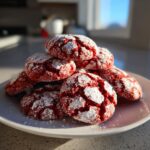Pile of delicious Christmas Red Velvet Crinkle Cookies dusted with powdered sugar on a white plate.
