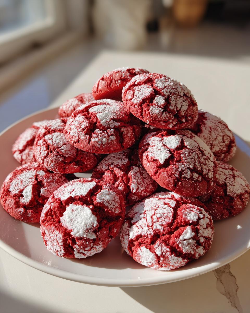 A plate piled high with Christmas Red Velvet Crinkle Cookies, dusted with powdered sugar.