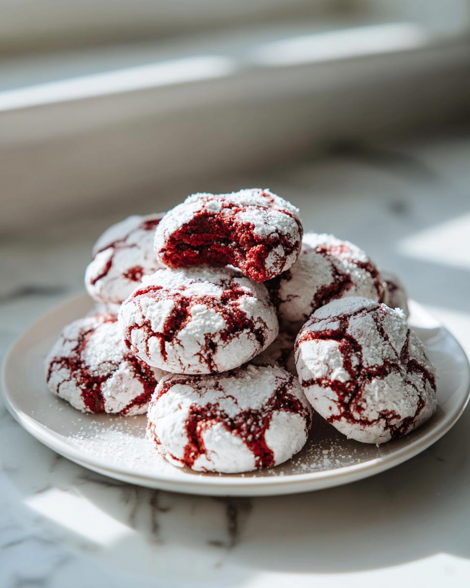 Pile of Christmas Red Velvet Crinkle Cookies dusted with powdered sugar, on a white plate.