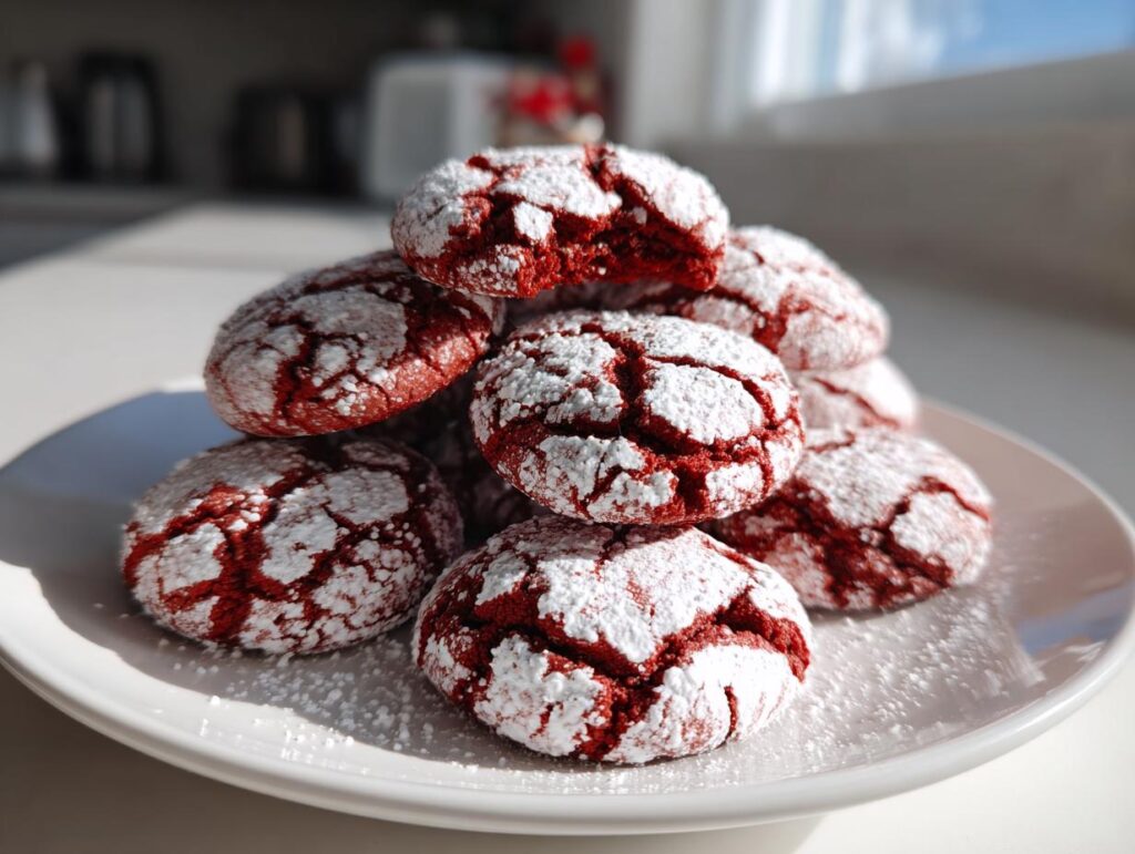 Pile of Christmas Red Velvet Crinkle Cookies dusted with powdered sugar on a white plate.