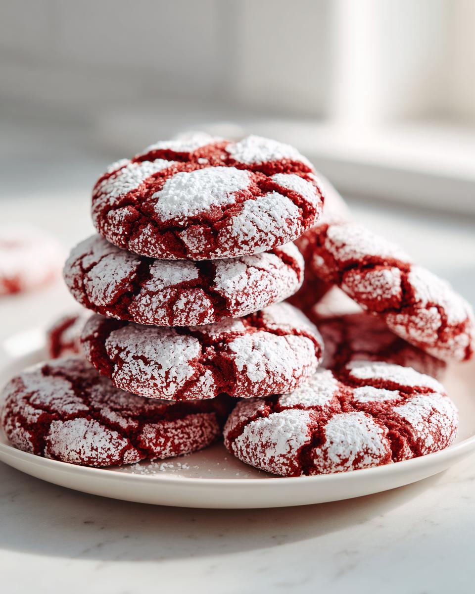 Pile of Christmas Red Velvet Crinkle Cookies dusted with powdered sugar on a white plate.