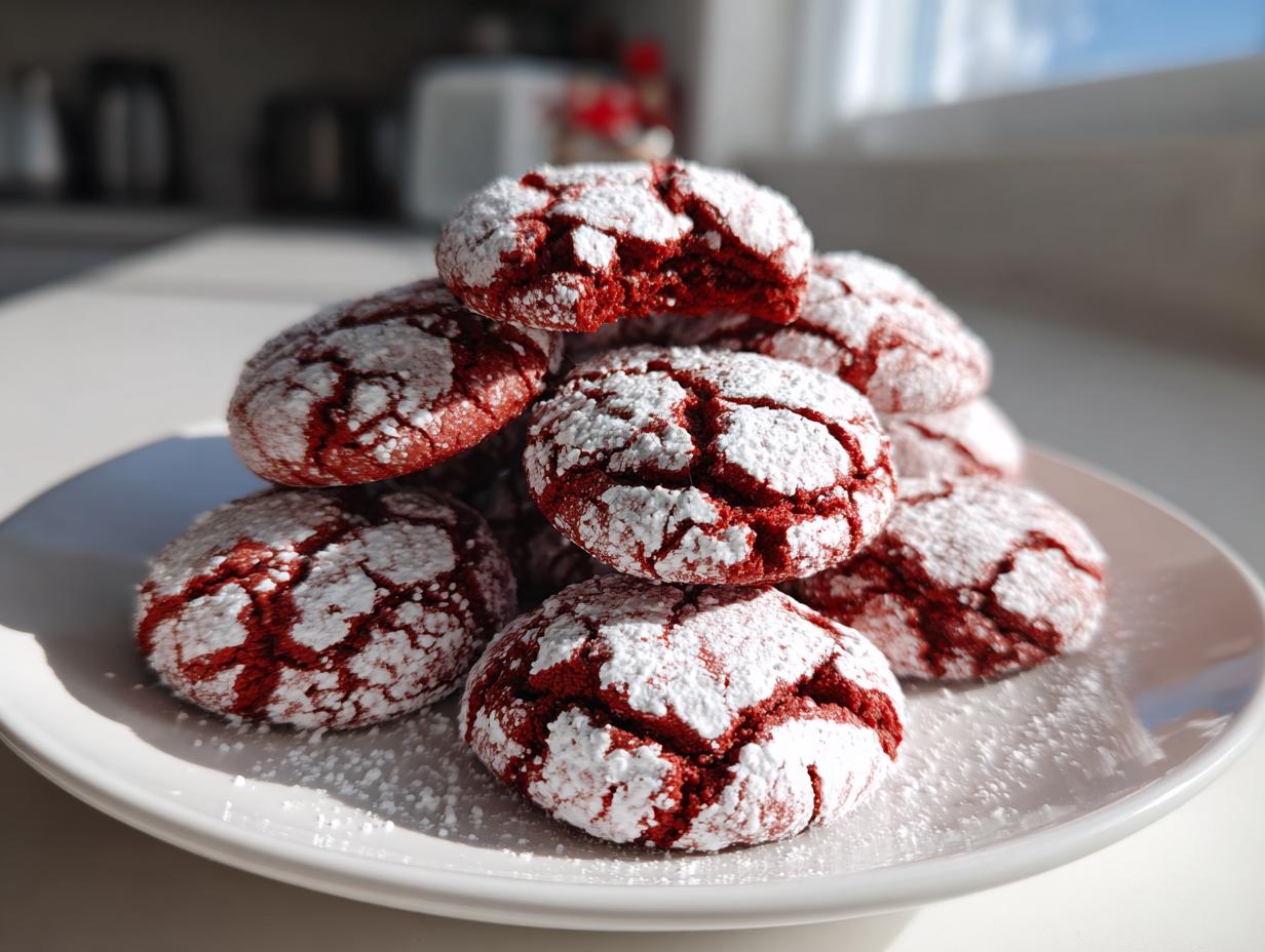 Pile of Christmas Red Velvet Crinkle Cookies dusted with powdered sugar on a white plate.