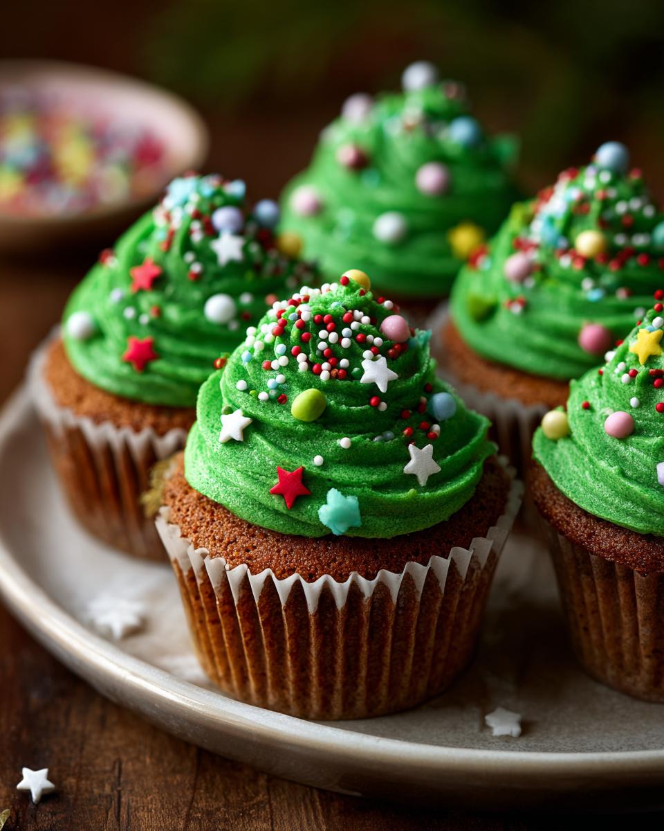 Close-up of Christmas Tree Cupcakes for Kids, decorated with green frosting and colorful sprinkles.