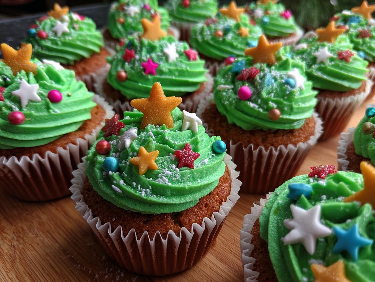 A close-up of several Christmas Tree Cupcakes for Kids, decorated with green frosting, colorful sprinkles, and star toppers.