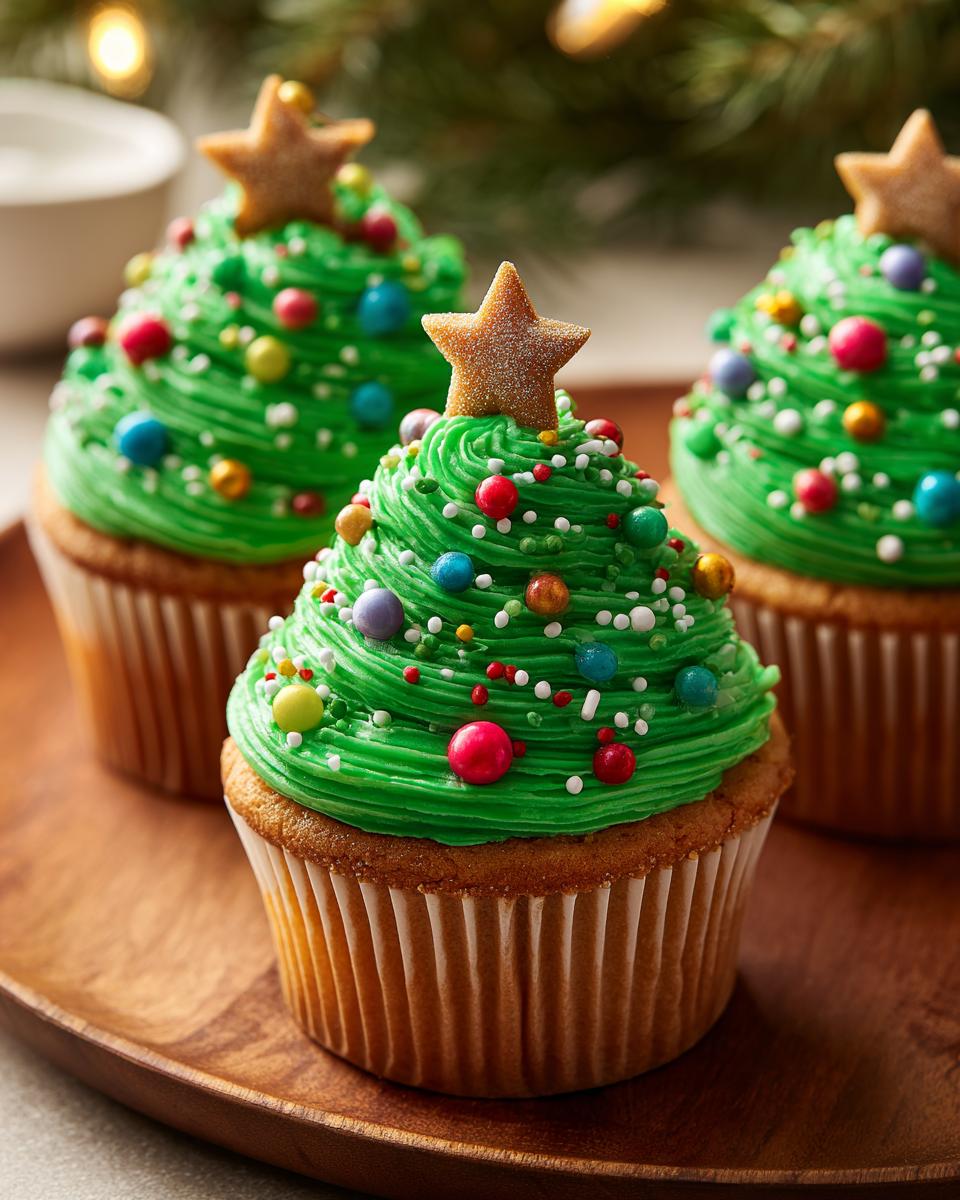 Three festive Christmas Tree Cupcakes for Kids decorated with green frosting, colorful sprinkles, and star toppers on a wooden plate.
