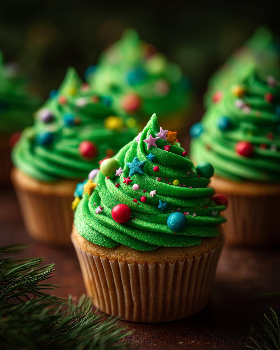 Close-up of a Christmas Tree Cupcake for Kids, decorated with green frosting and colorful sprinkles.
