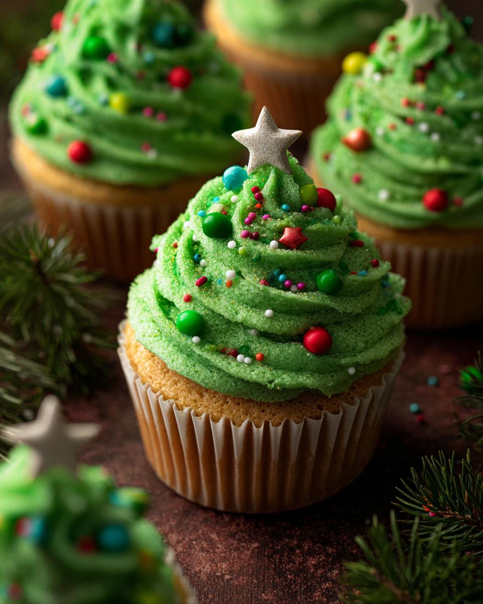 Close-up of festive Christmas Tree Cupcakes for Kids, decorated with green frosting and colorful sprinkles.