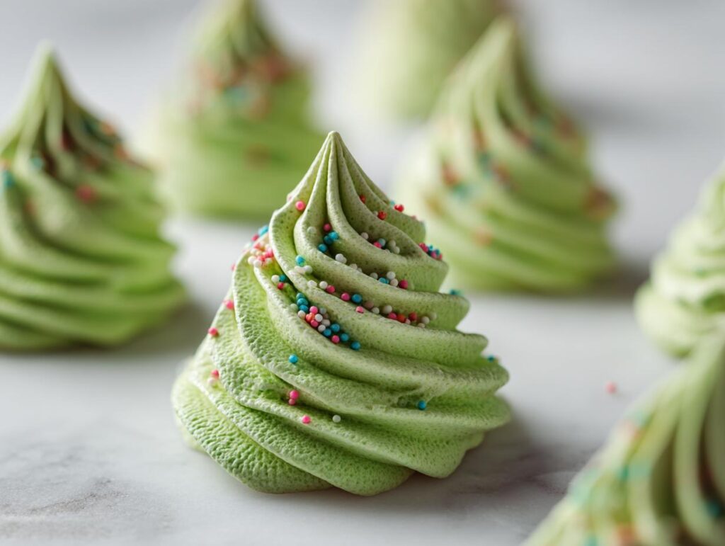 Close-up of green Christmas Tree Meringue Pops decorated with sprinkles for a festive treat.