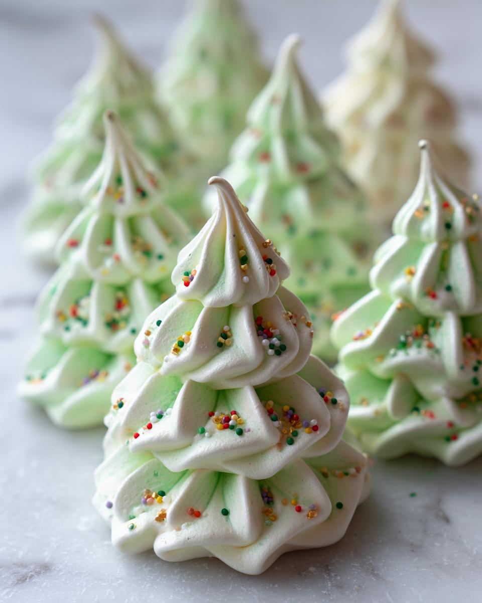 Close-up of several Christmas Tree Meringue Pops decorated with sprinkles.