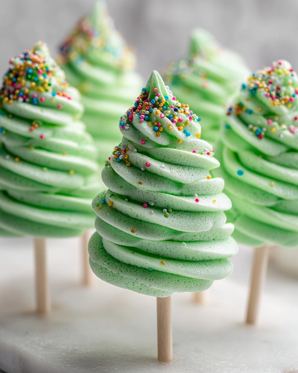 Close-up of green Christmas Tree Meringue Pops decorated with sprinkles, perfect for the holidays.