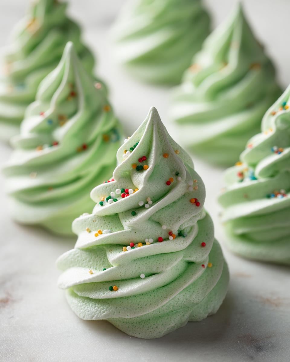 Close-up of green Christmas Tree Meringue Pops decorated with colorful sprinkles.