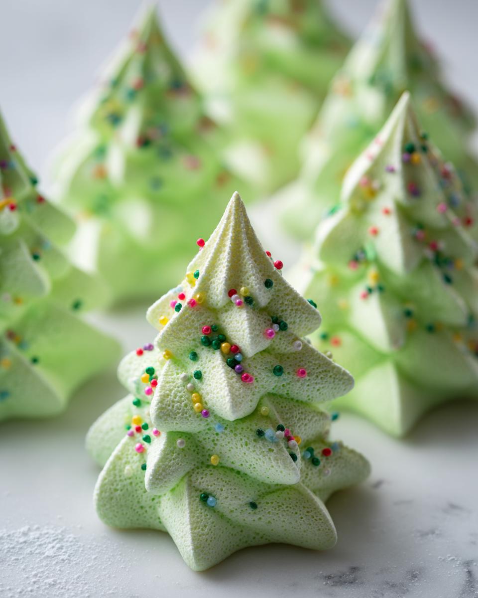 Close-up of green Christmas Tree Meringue Pops decorated with colorful sprinkles.