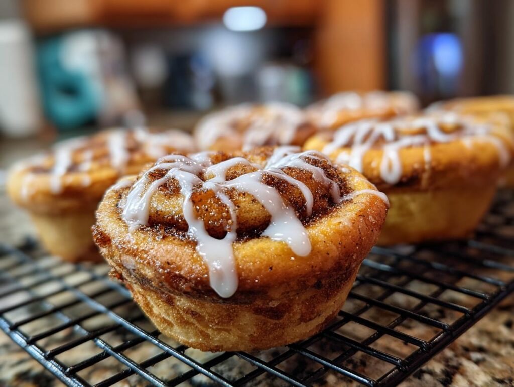 Close-up of freshly baked Cinnamon Roll Sugar Cookie Cups with icing on a cooling rack.