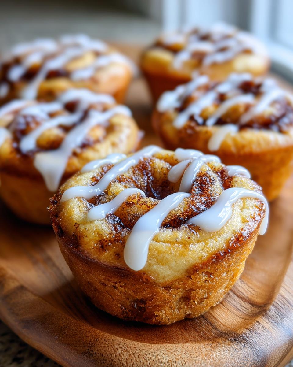 Close-up of several Cinnamon Roll Sugar Cookie Cups drizzled with sweet white icing, on a wooden tray.
