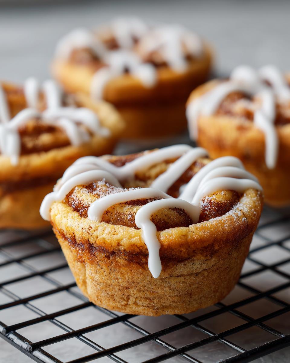 Close-up of freshly baked Cinnamon Roll Sugar Cookie Cups with white icing drizzled on top.