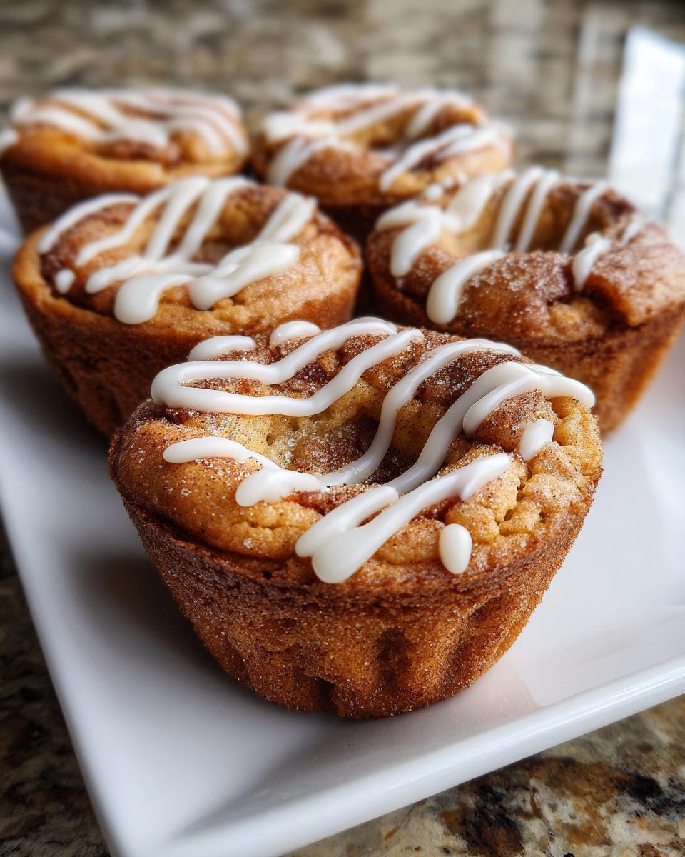 Close-up of several Cinnamon Roll Sugar Cookie Cups drizzled with icing.