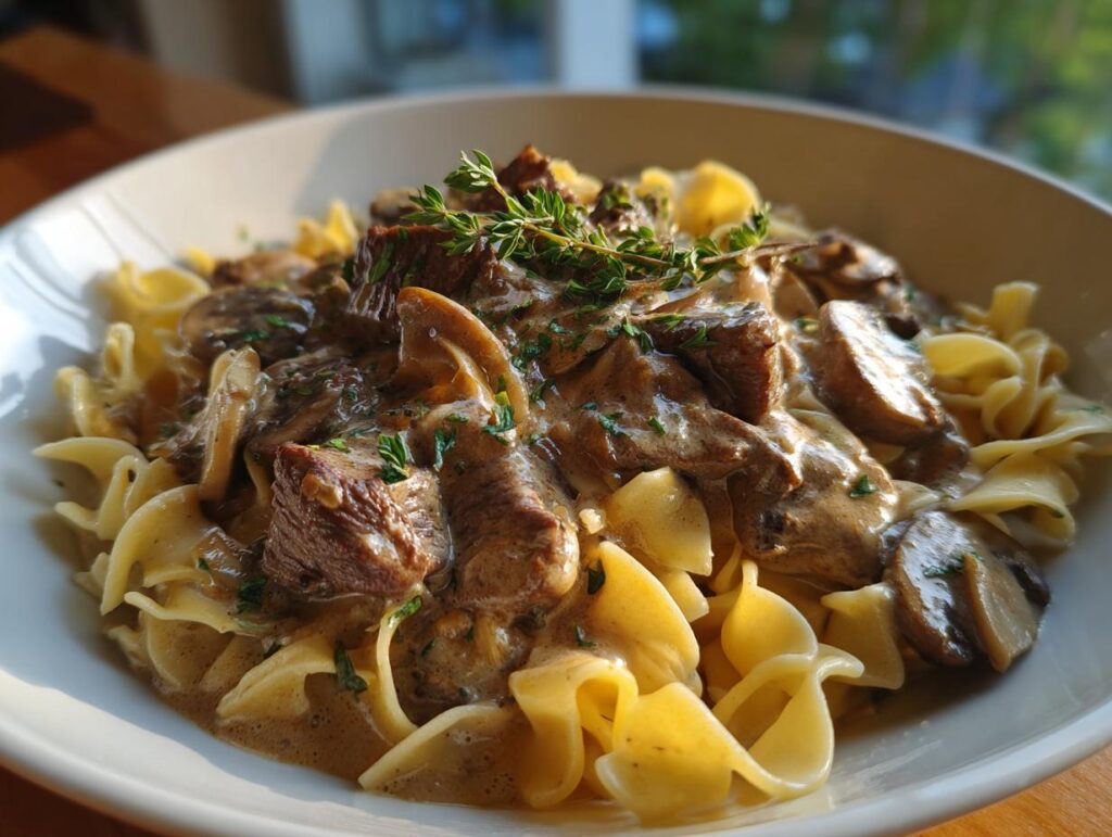 Close-up of a bowl of Classic Beef Stroganoff with egg noodles, mushrooms, and beef.