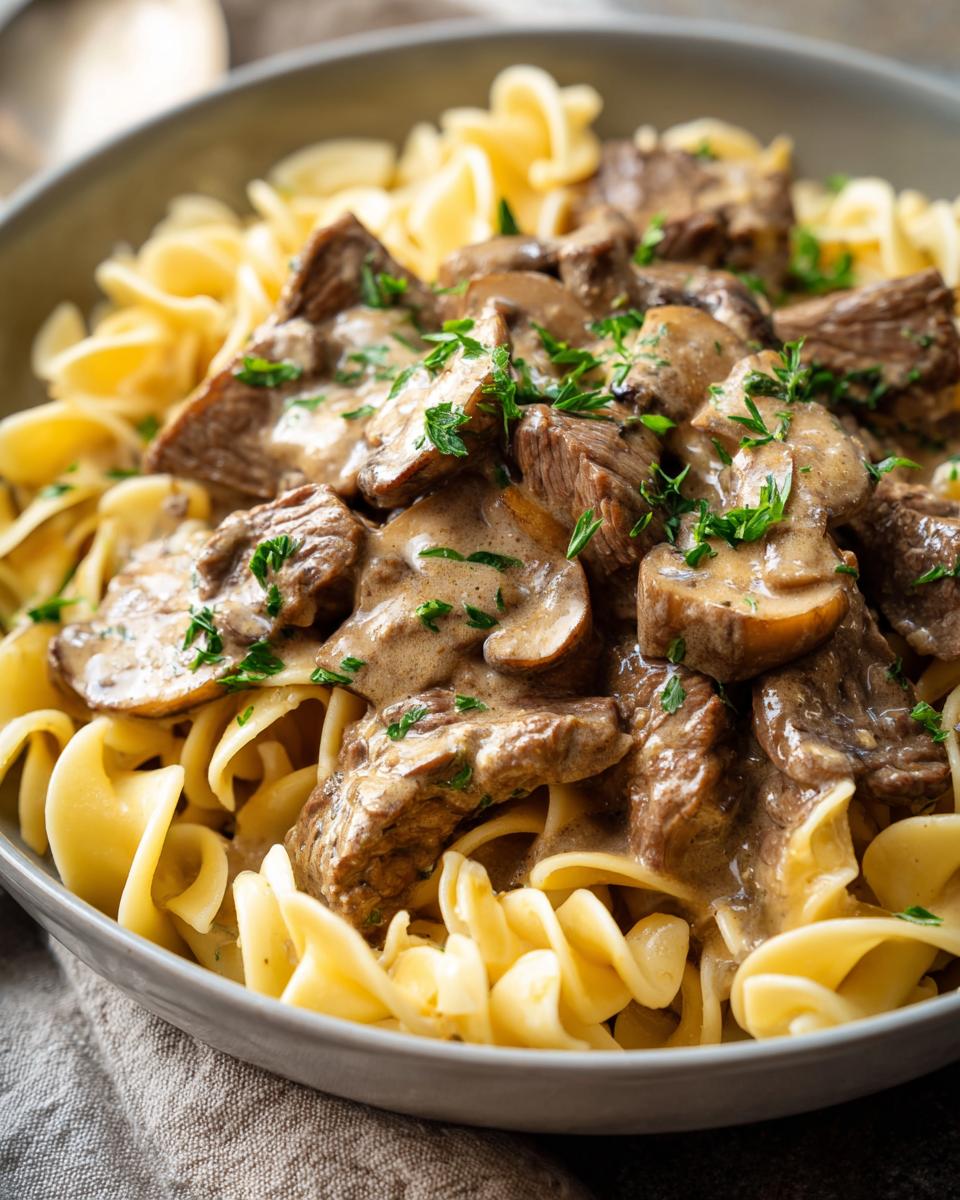 Close-up of Classic Beef Stroganoff with egg noodles, mushrooms, and creamy sauce.