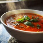 Close-up of a bowl of Classic Tomato Basil Soup, garnished with fresh basil leaves.