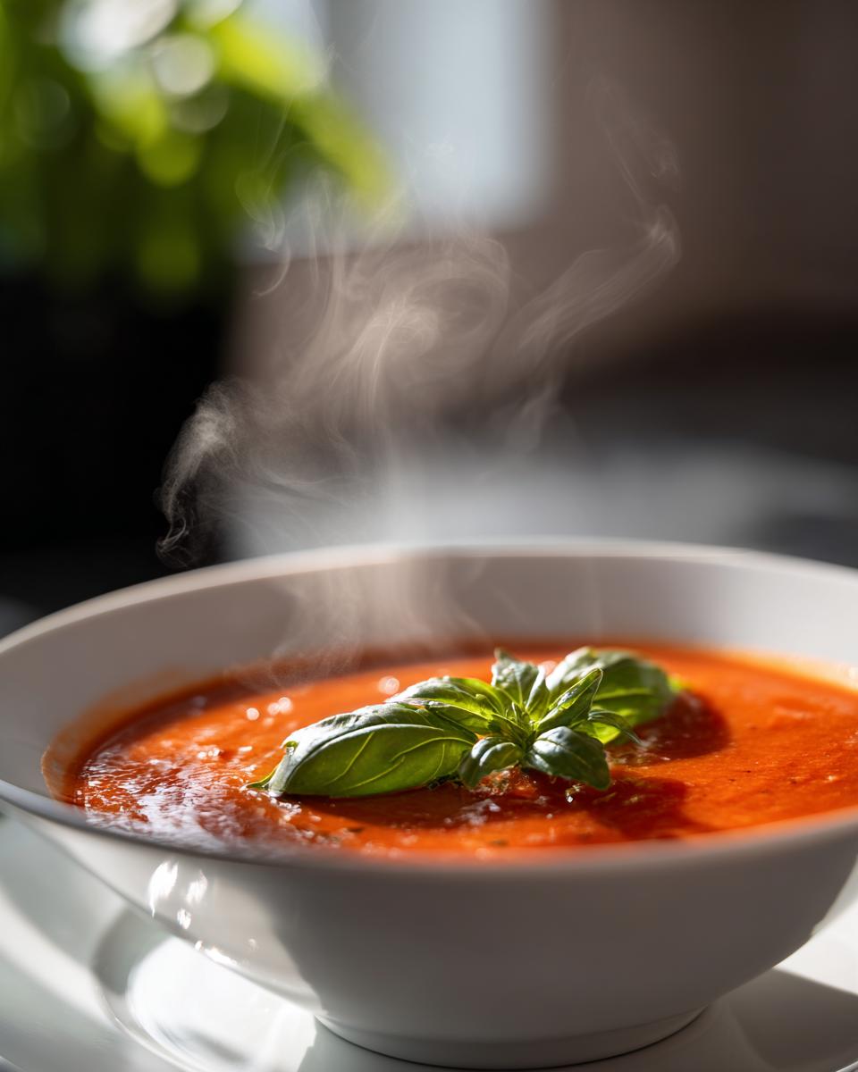 A bowl of steaming Classic Tomato Basil Soup garnished with fresh basil leaves.