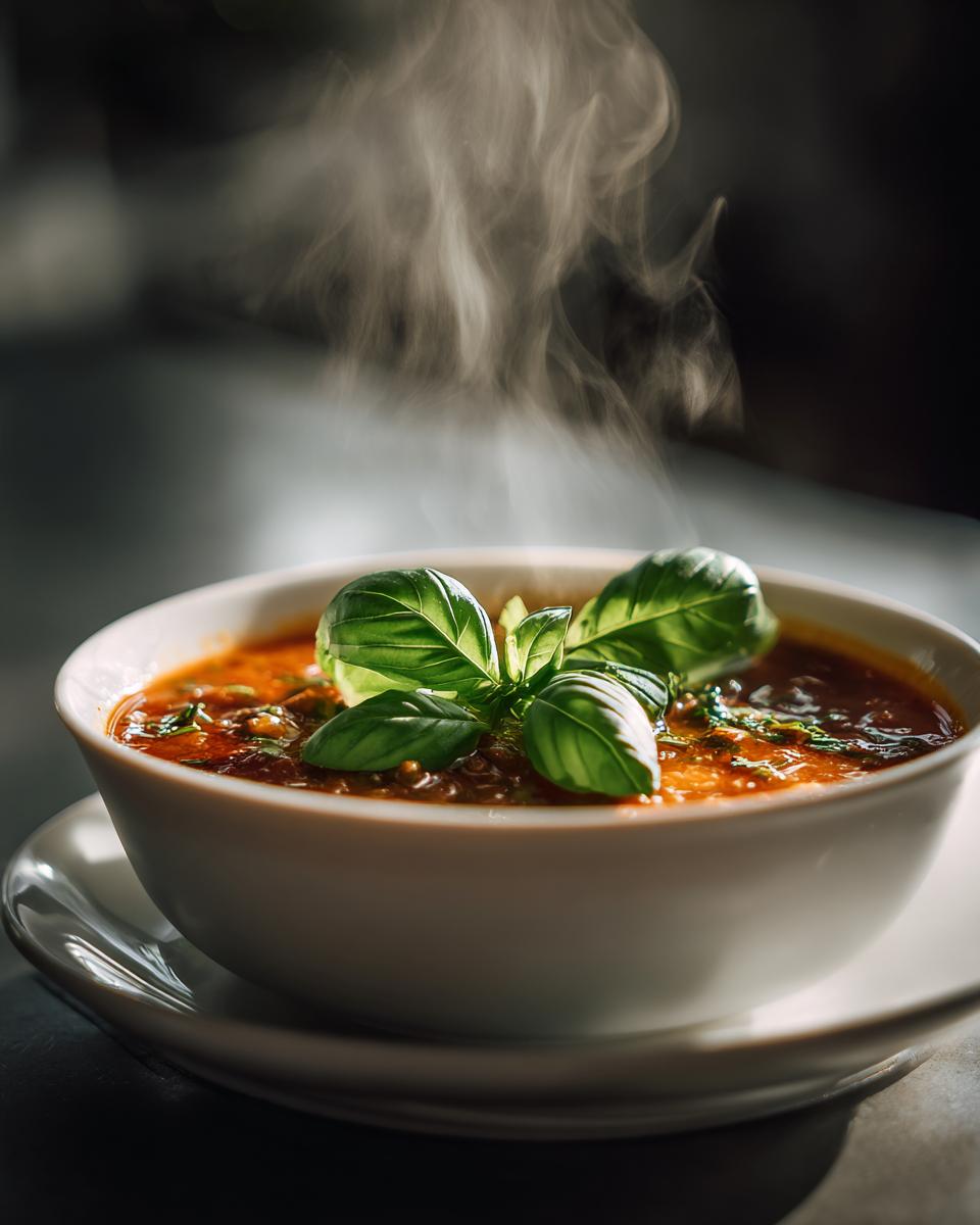 A bowl of Classic Tomato Basil Soup garnished with fresh basil leaves, steaming.