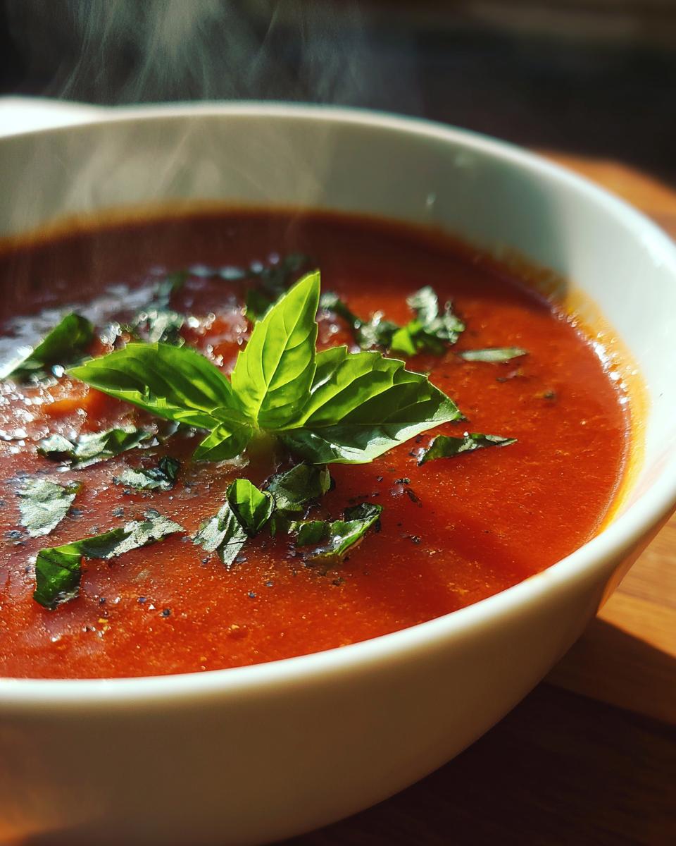Close-up of a bowl of Classic Tomato Basil Soup, garnished with fresh basil leaves.