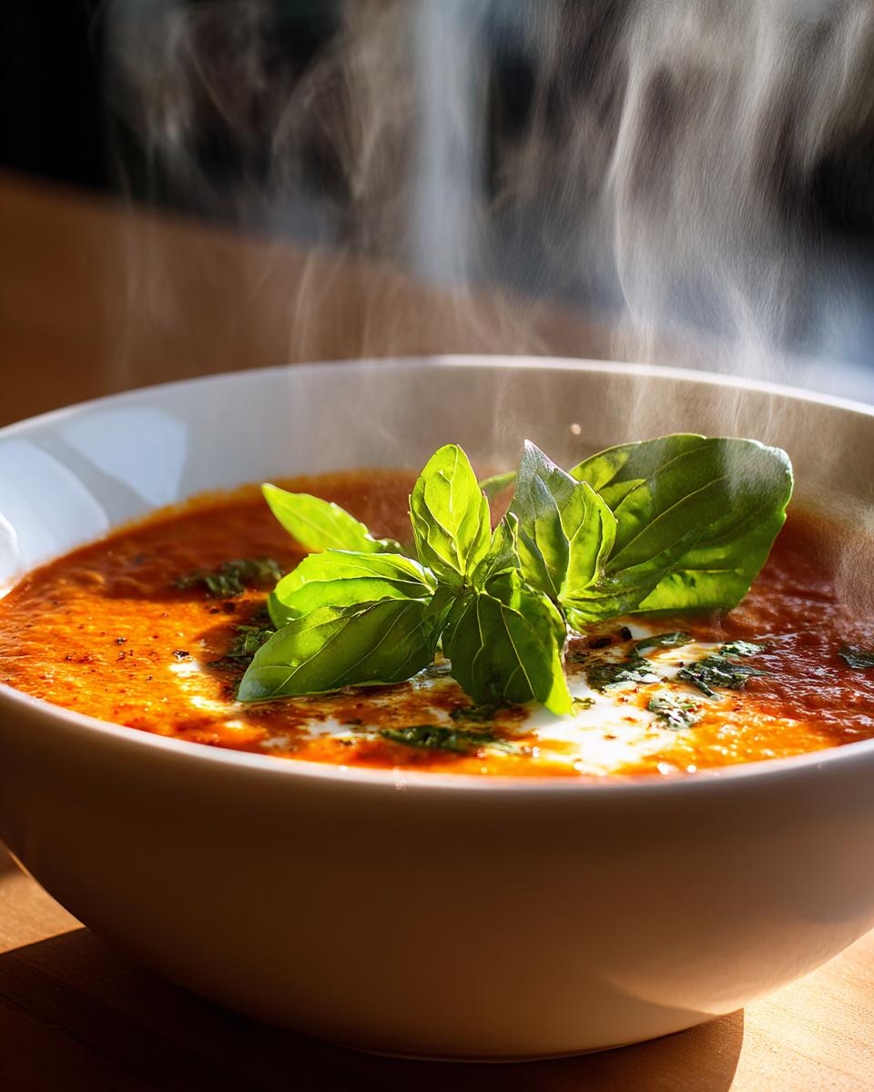 Close-up of a bowl of Classic Tomato Basil Soup, garnished with fresh basil leaves.