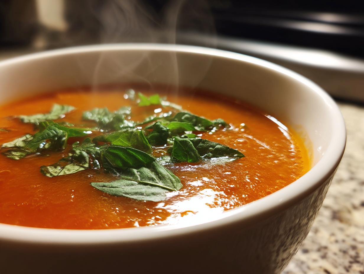 Close-up of a bowl of Classic Tomato Basil Soup, garnished with fresh basil leaves.
