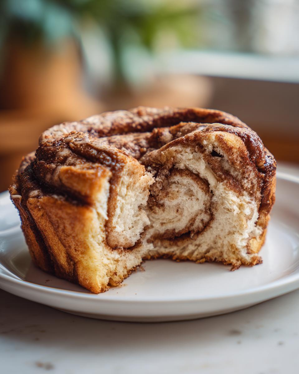 Close-up of a Cloud Bread Cinnamon Roll with a bite taken out, showing the soft interior.