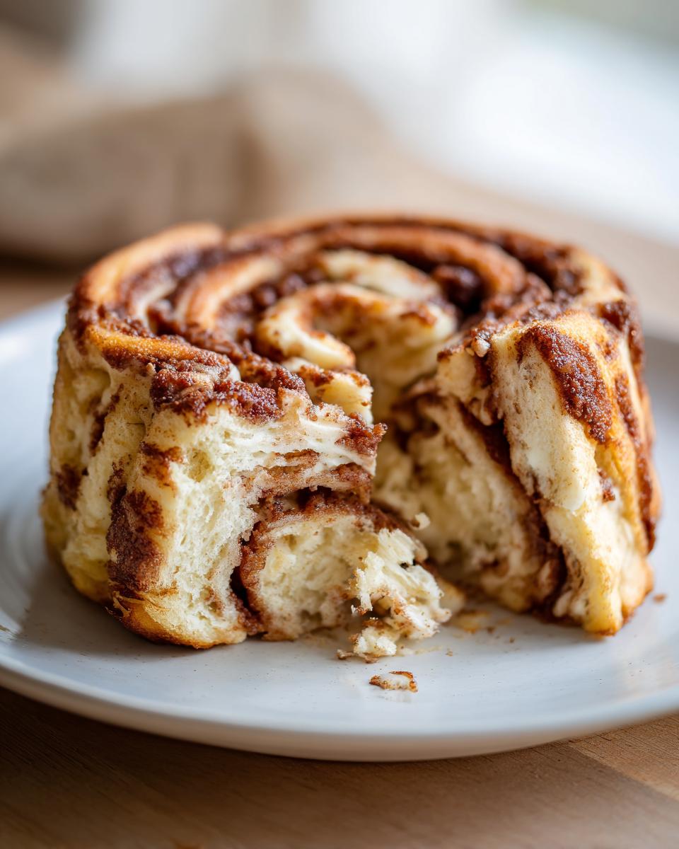 Close-up of a delicious Cloud Bread Cinnamon Roll with a bite taken out, showing the soft interior.