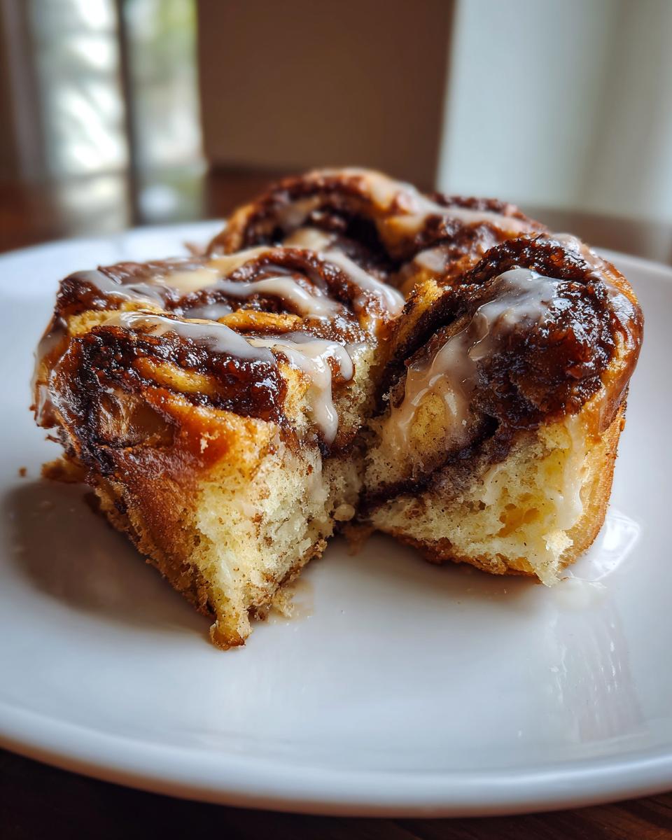 A close-up of a Cloud Bread Cinnamon Roll on a white plate, showing the fluffy interior and icing.